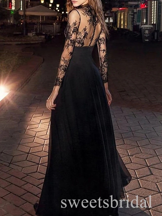 Black Lace Applique Long Sleeves A-line Long Prom Dress,SWS2505