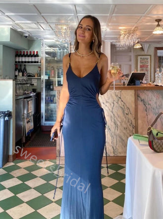 Dark Navy V-neck Sleeveless Sheath Floor Length Prom Dress,SWS2255