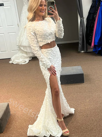 White Long Sleeves Two Pieces Side Slit Mermaid Floor Length Prom Dress,SWS2236