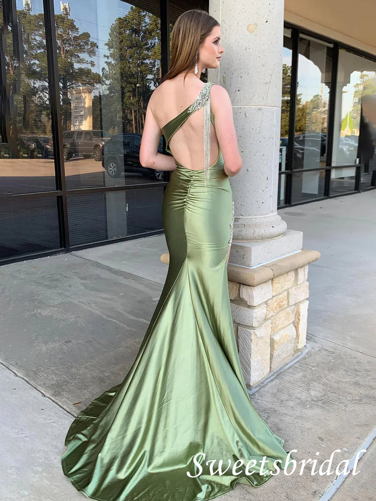 Sage One Shoulder Sleeveless Side Slit Mermaid Floor Length Prom Dress,SWS2525