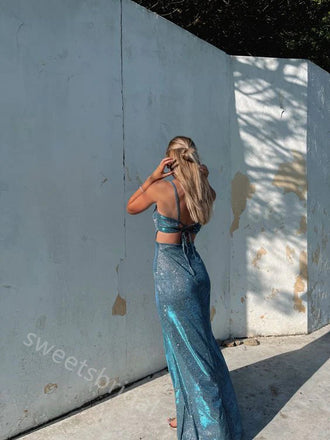 Sparkly Square Sleeveless Side Slit Sheath Floor Length Prom Dress,SWS2315