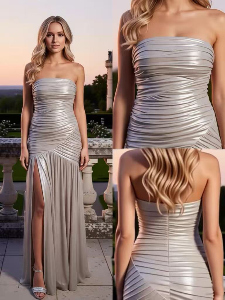 Sparkly Strapless Pleats Side Slit Mermaid Floor Length Prom Party Dress,SWS2582