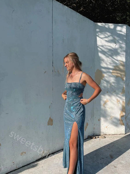 Sparkly Square Sleeveless Side Slit Sheath Floor Length Prom Dress,SWS2315