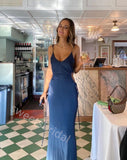 Dark Navy V-neck Sleeveless Sheath Floor Length Prom Dress,SWS2255