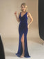 Royal Blue V-neck Sleeveless Side slit Sheath Long Bridesmaid Dresses, SWE1412
