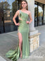 Sage One Shoulder Sleeveless Side Slit Mermaid Floor Length Prom Dress,SWS2525