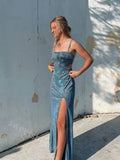 Sparkly Square Sleeveless Side Slit Sheath Floor Length Prom Dress,SWS2315