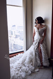 Elegant Off shoulder Sleeveless Side slit A-line Lace applique Wedding Dresses,DB0340