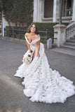 Elegant Off shoulder Sleeveless Side slit A-line Lace applique Wedding Dresses,DB0340