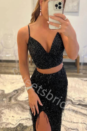 Sexy Spaghetti straps V-neck Side slit Mermaid Long Prom Dress,SW2014