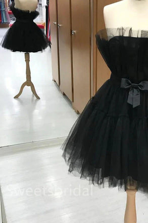 Black Elegant Strapless Sleeveless A-line Short Mini Homecoming Dress, BTW387