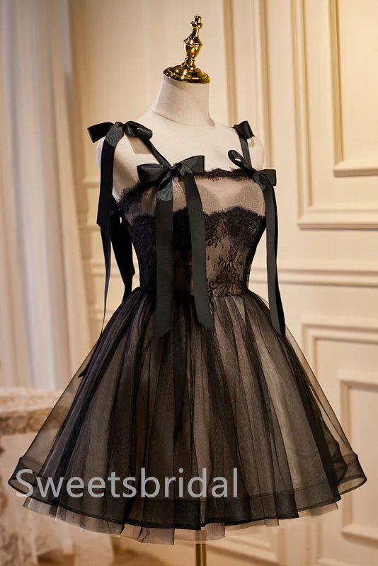 Black Elegant Bow knot Sleeveless A-line Short Mini Homecoming Dress, BTW358