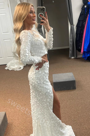 White Long Sleeves Two Pieces Side Slit Mermaid Floor Length Prom Dress,SWS2236