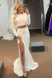 White Long Sleeves Two Pieces Side Slit Mermaid Floor Length Prom Dress,SWS2236