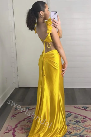 Yellow Ruffle Sweetheart Sleeveless Sheath Floor Length Prom Dress,SWS2229
