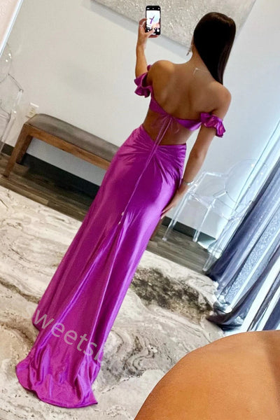 Purple Off Shoulder Sleeveless Sheath Floor Length Prom Dress,SWS2232