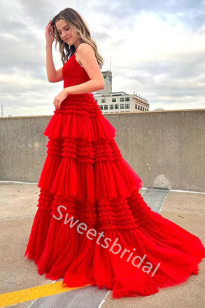 Red Charming V-neck Sleeveless Side slit A-line Long Prom Dress,SW2028