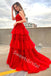 Red Charming V-neck Sleeveless Side slit A-line Long Prom Dress,SW2028