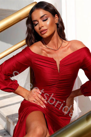 Elegant Off shoulder Long sleeves Side slit Sheath Long Prom Dress,SW1992