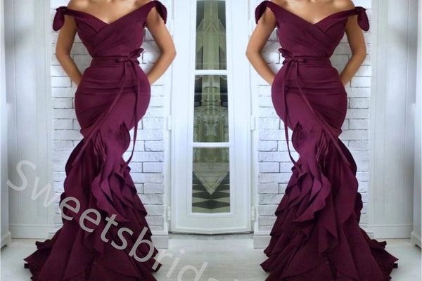 Elegant V-neck Ruffle Sleeveless Mermaid Long Prom Dress,SWS2040