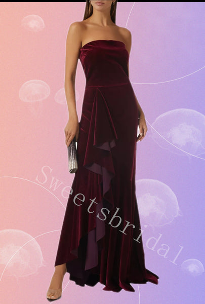 Sexy Strapless Sleeveless Ruffle Sheath Long Prom Dress,SW2036