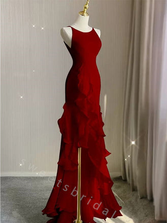 Elegant Scoop Sleeveless Ruffle Mermaid Long Prom Dress,SWS2097