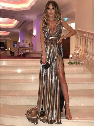 Sexy V-neck Sleeveless Side Slit A-line Long Prom Dress,SWS2120