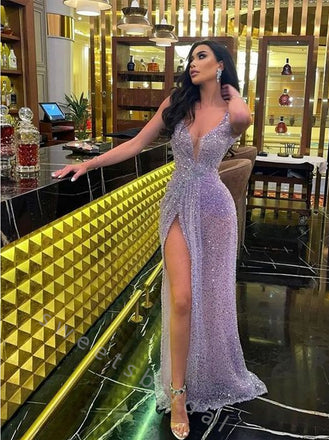 Sexy V-neck Sleeveless Side Slit Mermaid Long Prom Dress,SWS2103