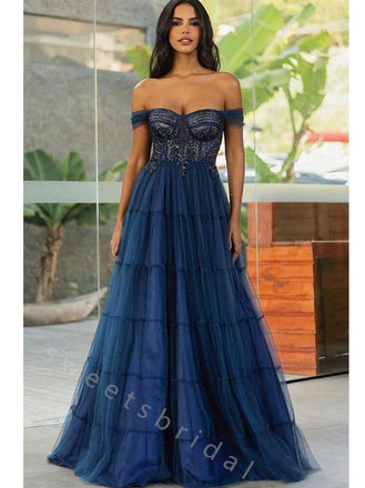 Elegant Off Shoulder Sleeveless A-line Long Prom Dress,SWS2113