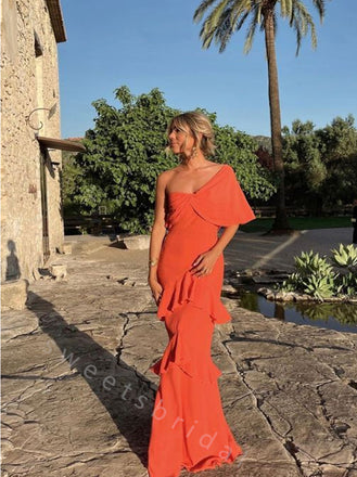 Elegant One Shoulder Ruffle Sleeveless Mermaid Long Prom Dress,SWS2092
