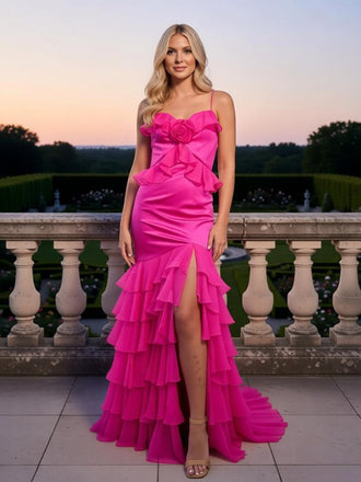 Cute Ruffles Spaghetti Straps Sleeveless Side Slit Mermaid Floor Length Prom Party Dress,SWS2577