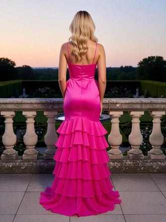 Cute Ruffles Spaghetti Straps Sleeveless Side Slit Mermaid Floor Length Prom Party Dress,SWS2577