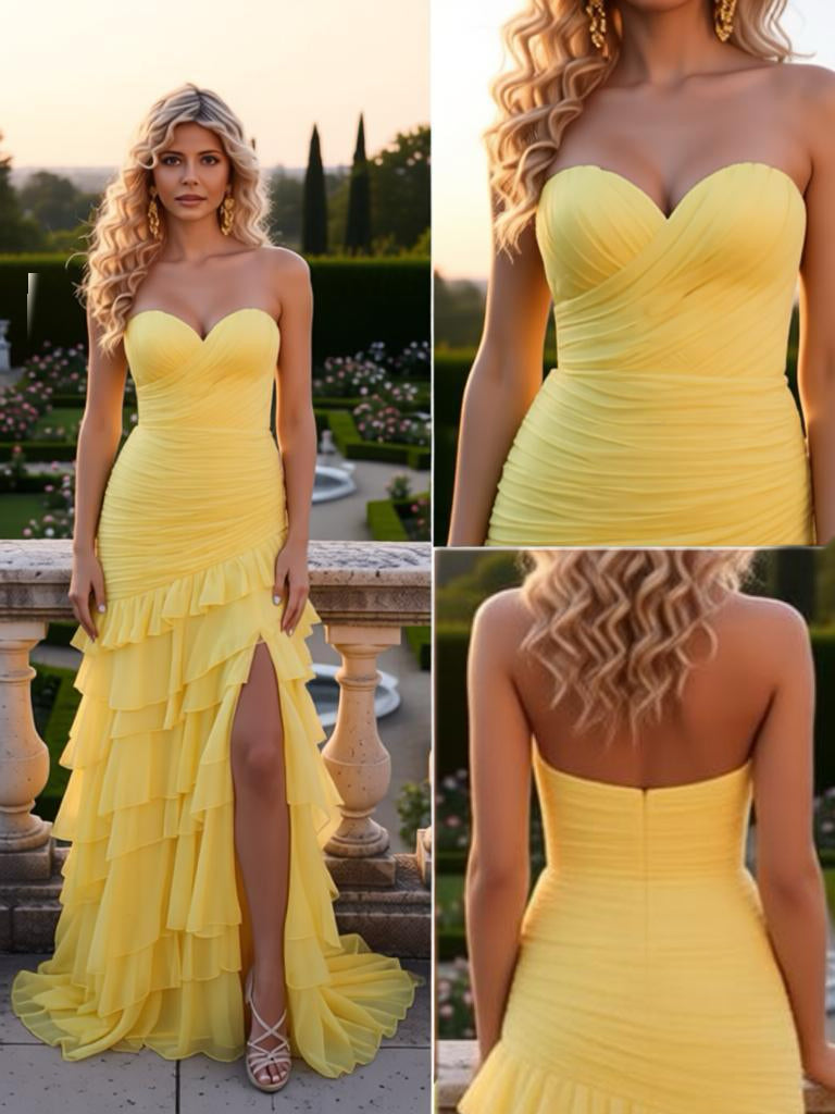 Cute Ruffles Sweetheart Side Slit Mermaid Floor Length Prom Party Dress,SWS2575