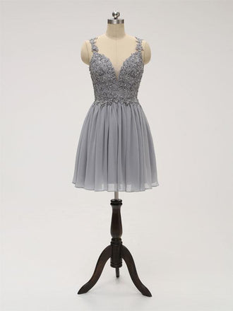 Pretty Grey Lace Top Chiffon A Line Short Homecoming Dress, BTW221