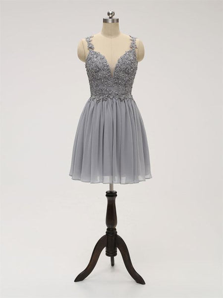 Pretty Grey Lace Top Chiffon A Line Short Homecoming Dress, BTW221