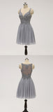 Pretty Grey Lace Top Chiffon A Line Short Homecoming Dress, BTW221