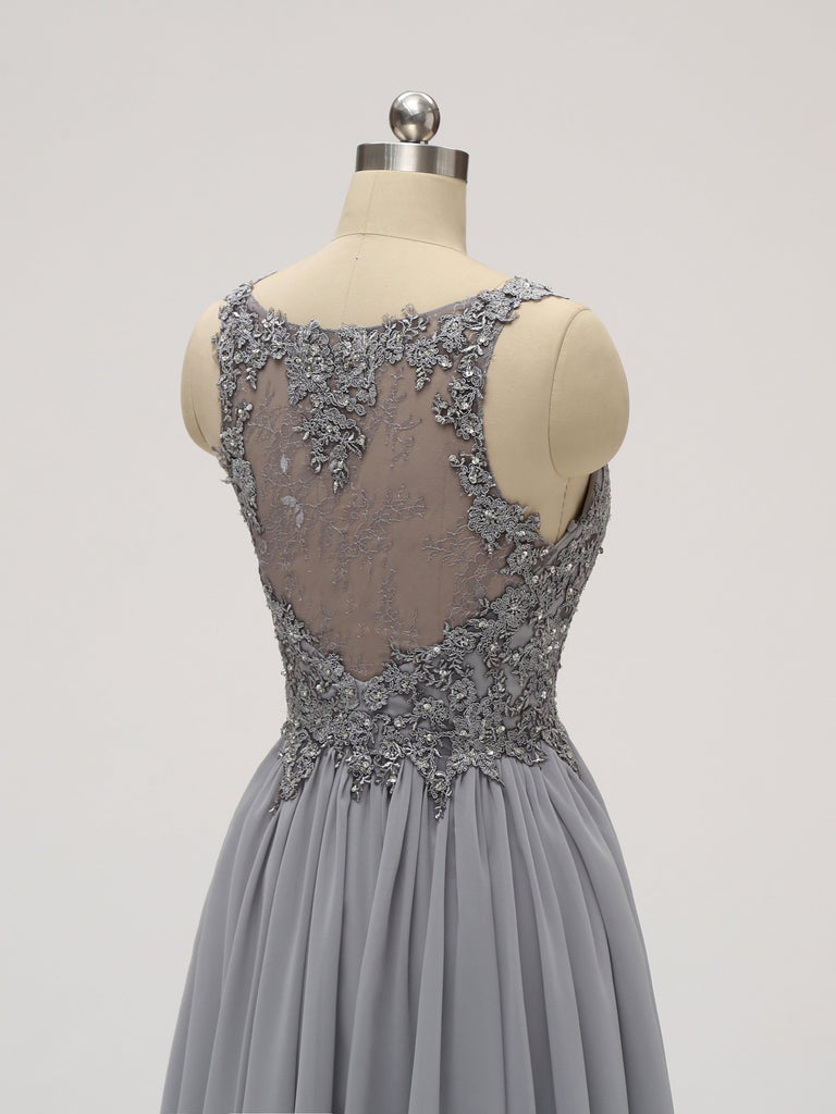 Pretty Grey Lace Top Chiffon A Line Short Homecoming Dress, BTW221