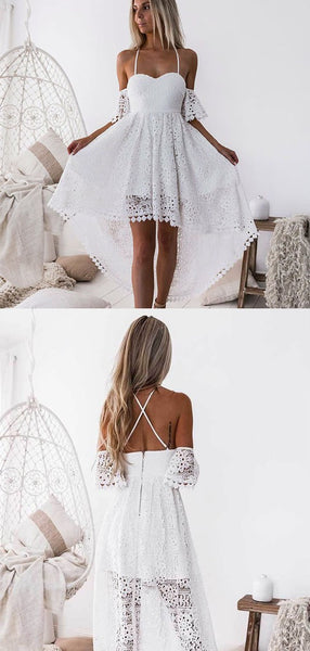 Unique White Lace Backless High Low Homecoming Dress, BTW222