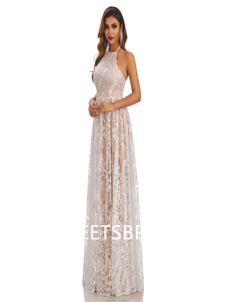 Lvory Lace Chiffon Halter A-line Applique Floor-length Wedding Dresses,DB0174