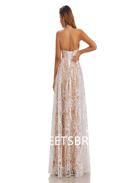 Lvory Lace Chiffon Halter A-line Applique Floor-length Wedding Dresses,DB0174