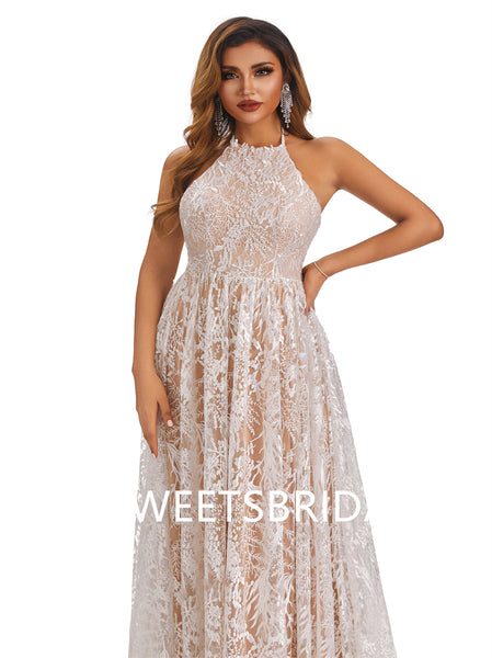 Lvory Lace Chiffon Halter A-line Applique Floor-length Wedding Dresses,DB0174
