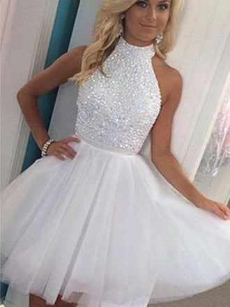 Gorgeous Halter Open Back With Rhinestone Tulle Short Homecoming Dress, BTW224