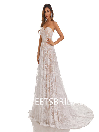 Lvory Lace Chiffon Sweetheart A-line Applique Floor-length Wedding Dresses,DB0175