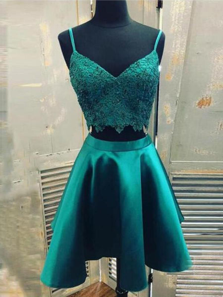 Elegant Two Pieces V Neck Lace A-line Short Homecoming Dress, BTW225