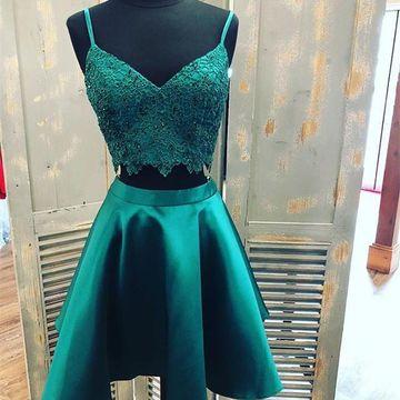 Elegant Two Pieces V Neck Lace A-line Short Homecoming Dress, BTW225