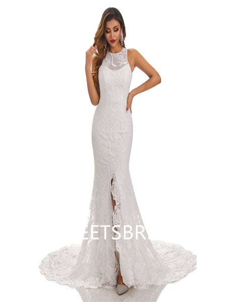 Lvory Lace Sleeveless Mermaid Applique Side slit Wedding Dresses,DB0176