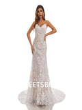 Champagne Mermaid Spaghetti Straps Handmade Lace Wedding Dresses,DB0177