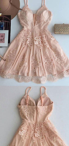 Pretty Spaghetti Strap Backless Pink Lace A-line Short Homecoming Dress, BTW226