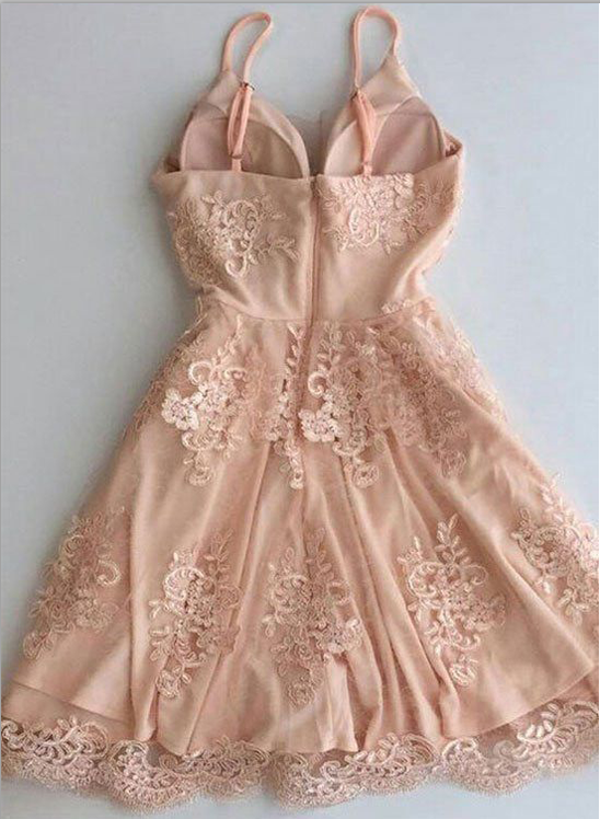 Pretty Spaghetti Strap Backless Pink Lace A-line Short Homecoming Dress, BTW226