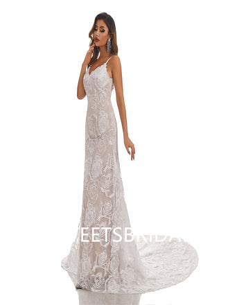 Champagne Mermaid Spaghetti Straps Handmade Lace Wedding Dresses,DB0177